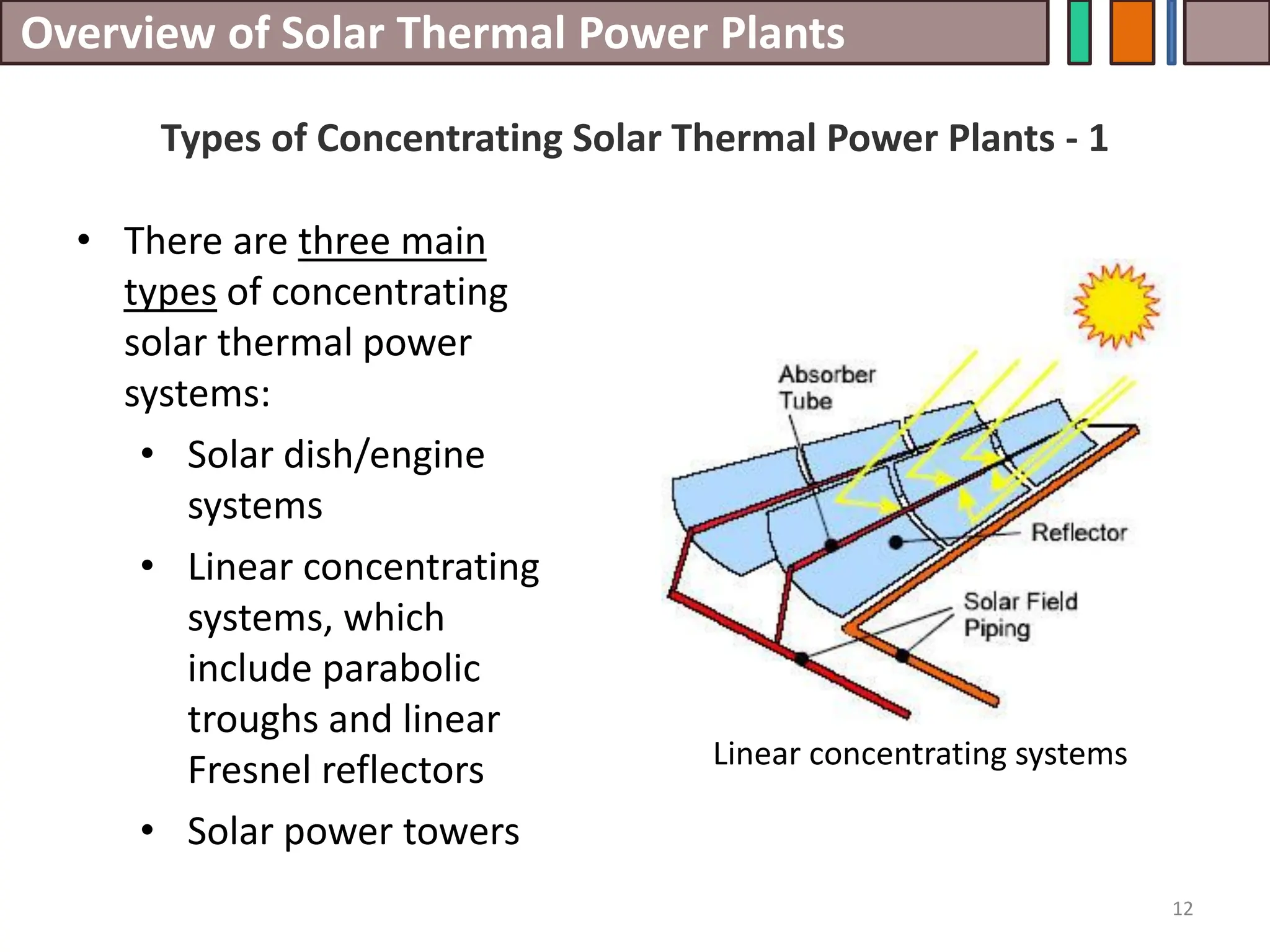 Overview of Solar Thermal Power Plants
12
Types of Concentrating Solar Thermal Power Plants - 1
• There are three main
types of concentrating
solar thermal power
systems:
• Solar dish/engine
systems
• Linear concentrating
systems, which
include parabolic
troughs and linear
Fresnel reflectors
• Solar power towers
Linear concentrating systems
 