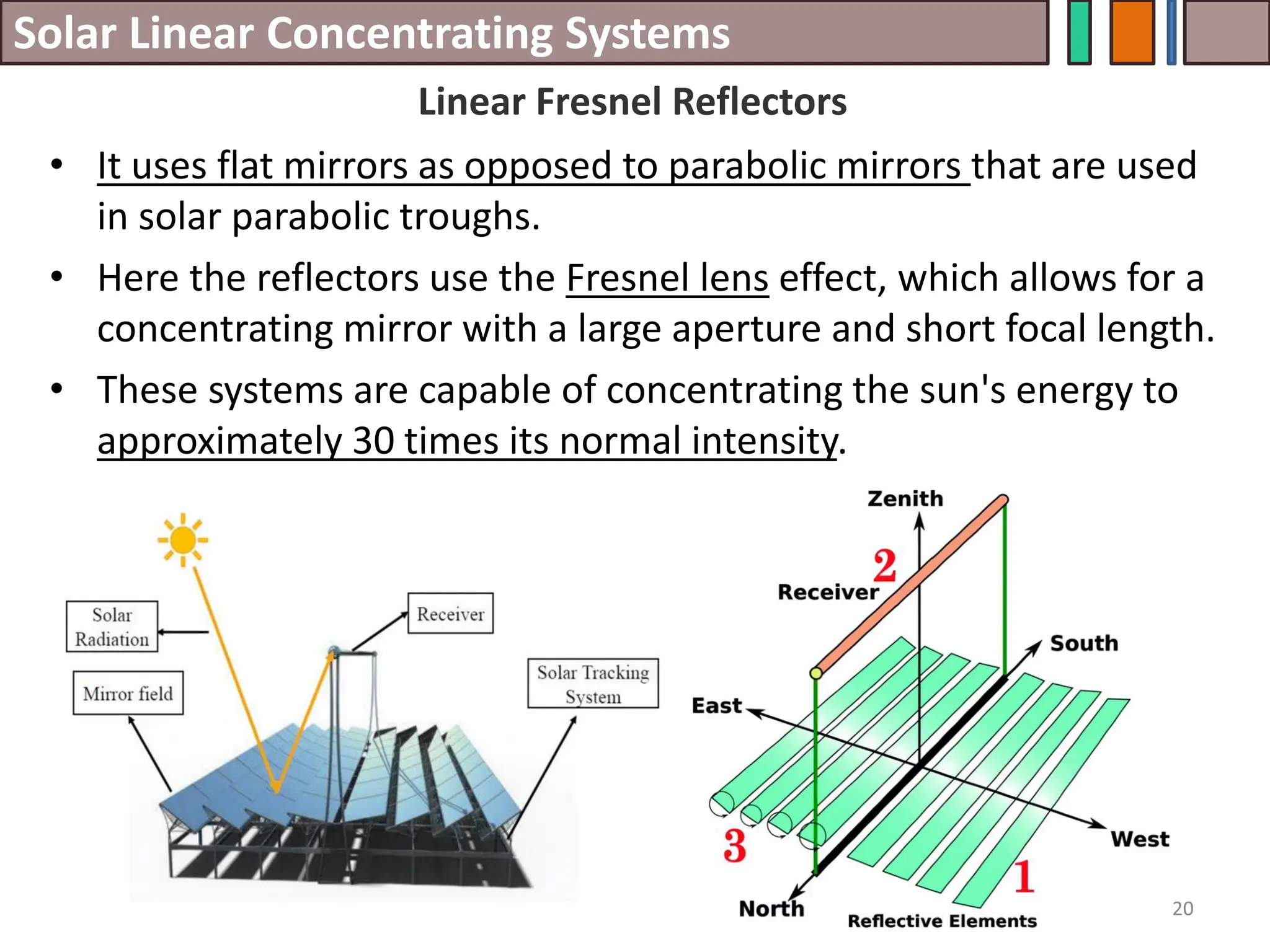 Solar Linear Concentrating Systems
• It uses flat mirrors as opposed to parabolic mirrors that are used
in solar parabolic troughs.
• Here the reflectors use the Fresnel lens effect, which allows for a
concentrating mirror with a large aperture and short focal length.
• These systems are capable of concentrating the sun's energy to
approximately 30 times its normal intensity.
20
Linear Fresnel Reflectors
 