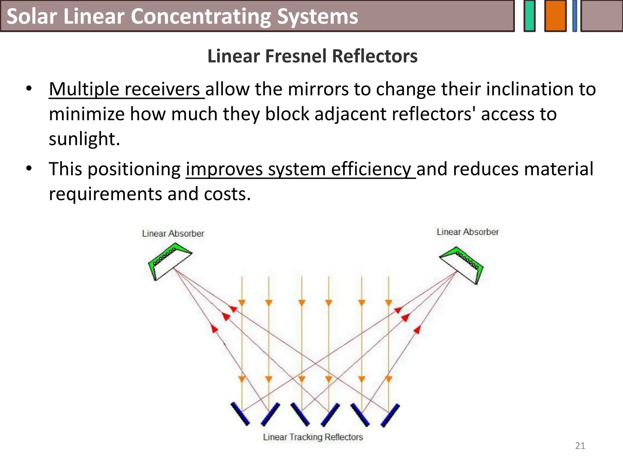 Solar Linear Concentrating Systems
• Multiple receivers allow the mirrors to change their inclination to
minimize how much they block adjacent reflectors' access to
sunlight.
• This positioning improves system efficiency and reduces material
requirements and costs.
21
Linear Fresnel Reflectors
 