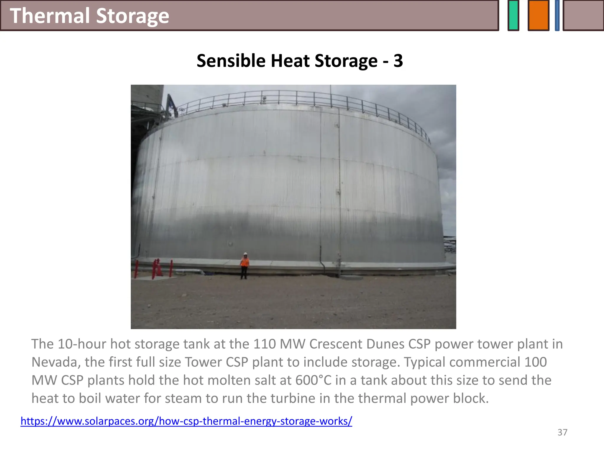 Thermal Storage
37
The 10-hour hot storage tank at the 110 MW Crescent Dunes CSP power tower plant in
Nevada, the first full size Tower CSP plant to include storage. Typical commercial 100
MW CSP plants hold the hot molten salt at 600°C in a tank about this size to send the
heat to boil water for steam to run the turbine in the thermal power block.
https://www.solarpaces.org/how-csp-thermal-energy-storage-works/
Sensible Heat Storage - 3
 