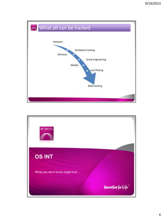 9/19/2013

What all can be hacked
Network
Hardware hacking
Wireless
Social Engineering
Mobile
Lock Picking

Web hacking

OS INT
What you don’t know might hurt…

4

 
