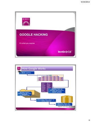 9/19/2013

GOOGLE HACKING
It’s what you expose

How Google Works

6

 