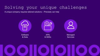 Solving your unique challenges
A unique company requires tailored solutions – Precisely can help
Software
& Data
APIs
& SDKs
Managed
Services
 