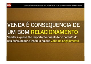 CONSTRUINDO UM MUNDO MELHOR POR MEIO DA INTERNET: www.conrado.com.br




VENDA É CONSEQUENCIA DE
UM BOM RELACIONAMENTO
Vender é quase tão importante quanto ter o contato do
seu consumidor e inseri-lo na sua Zona de Engajamento




    1ºP	
            2ºP	
             3ºP	
           4ºP	
           5ºP	
           6ºP	
              7ºP	
            8ºP	
  
 Pesquisa	
     Planejamento	
      Produção	
     Publicação	
     Promoção	
     Propagação	
     Personalização	
     Precisão	
  
 