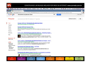 CONSTRUINDO UM MUNDO MELHOR POR MEIO DA INTERNET: www.conrado.com.br




   1ºP	
            2ºP	
             3ºP	
           4ºP	
           5ºP	
           6ºP	
              7ºP	
            8ºP	
  
Pesquisa	
     Planejamento	
      Produção	
     Publicação	
     Promoção	
     Propagação	
     Personalização	
     Precisão	
  
 