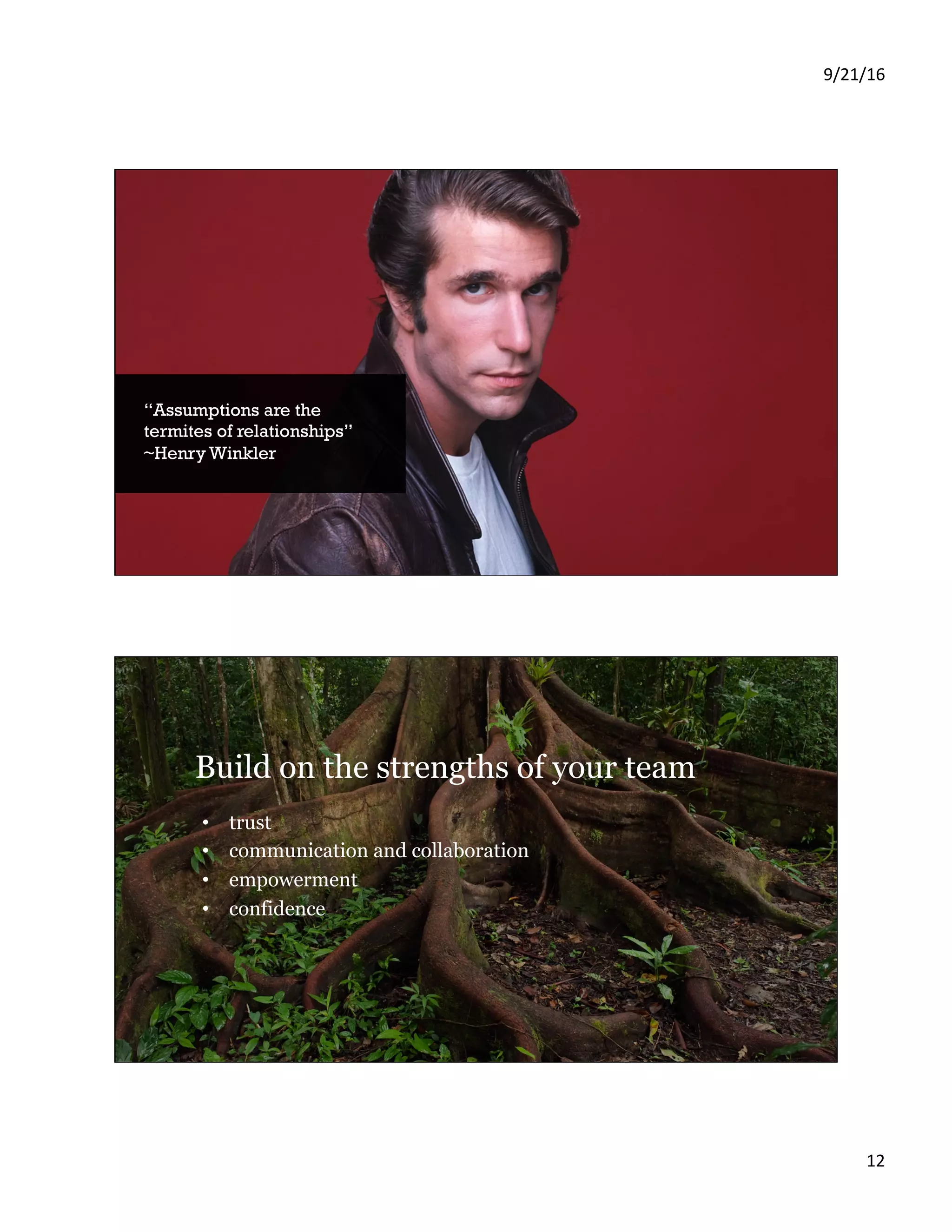 9/21/16 12 23 “Assumptions are the termites of relationships” ~Henry Winkler 24 Build on the strengths of your team •  trust •  communication and collaboration •  empowerment •  confidence 