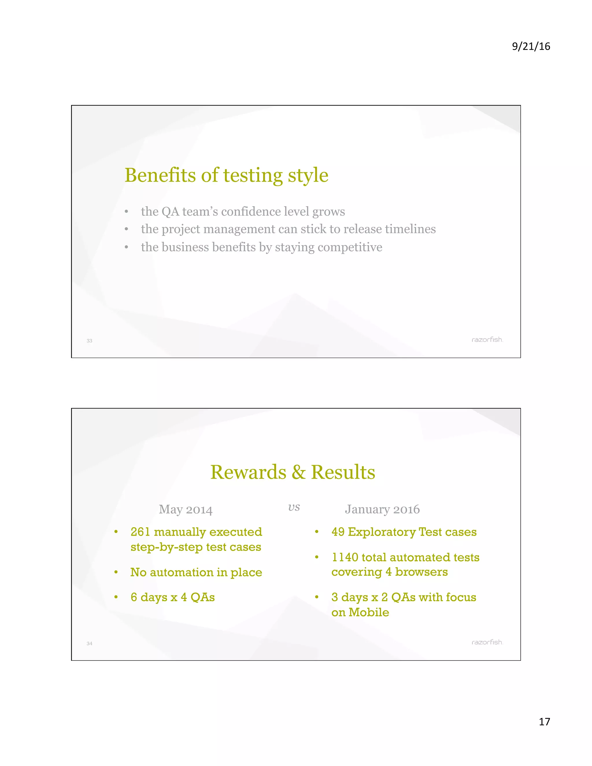 9/21/16 17 33 Benefits of testing style •  the QA team’s confidence level grows •  the project management can stick to release timelines •  the business benefits by staying competitive 34 May 2014 •  261 manually executed step-by-step test cases •  No automation in place •  6 days x 4 QAs January 2016 •  49 Exploratory Test cases •  1140 total automated tests covering 4 browsers •  3 days x 2 QAs with focus on Mobile vs Rewards & Results 