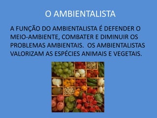 O AMBIENTALISTAA FUNÇÃO DO AMBIENTALISTA É DEFENDER O MEIO-AMBIENTE, COMBATER E DIMINUIR OS PROBLEMAS AMBIENTAIS.  OS AMBIENTALISTAS VALORIZAM AS ESPÉCIES ANIMAIS E VEGETAIS.