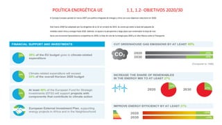 POLÍTICA ENERGÉTICA UE 1.1, 1.2- OBJETIVOS 2020/30
El Consejo Europeo aprobó en marzo 2007 una política integrada de energía y clima con unos objetivos reductores en 2020.
Este marco 2030 fue adoptado por los dirigentes de la UE en octubre de 2014. Se construye sobre la base del paquete de
medidas sobre clima y energía hasta 2020. Además, se ajusta a la perspectiva a largo plazo que contemplan la Hoja de ruta
hacia una economía hipocarbónica competitiva en 2050, la Hoja de ruta de la energía para 2050 y el Libro Blanco sobre el Transporte.
 