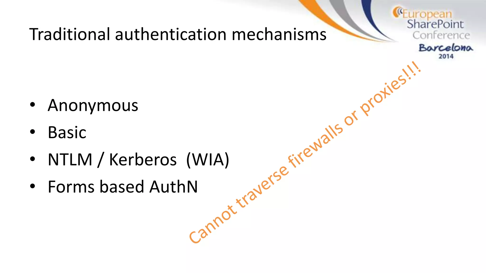 Traditional authentication mechanisms
• Anonymous
• Basic
• NTLM / Kerberos (WIA)
• Forms based AuthN
 