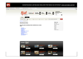 CONSTRUINDO UM MUNDO MELHOR POR MEIO DA INTERNET: www.conrado.com.br




   1ºP	
            2ºP	
             3ºP	
           4ºP	
           5ºP	
           6ºP	
              7ºP	
            8ºP	
  
Pesquisa	
     Planejamento	
      Produção	
     Publicação	
     Promoção	
     Propagação	
     Personalização	
     Precisão	
  
 