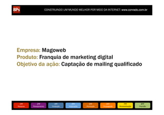 CONSTRUINDO UM MUNDO MELHOR POR MEIO DA INTERNET: www.conrado.com.br




Empresa: Magoweb
Produto: Franquia de marketing digital
Objetivo da ação: Captação de mailing qualificado




   1ºP	
            2ºP	
             3ºP	
           4ºP	
           5ºP	
           6ºP	
              7ºP	
            8ºP	
  
Pesquisa	
     Planejamento	
      Produção	
     Publicação	
     Promoção	
     Propagação	
     Personalização	
     Precisão	
  
 