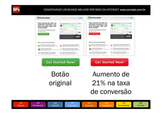 CONSTRUINDO UM MUNDO MELHOR POR MEIO DA INTERNET: www.conrado.com.br




                                   Botão                                    Aumento de
                                  original                                 21% na taxa
                                                                           de conversão
   1ºP	
            2ºP	
             3ºP	
           4ºP	
           5ºP	
           6ºP	
              7ºP	
            8ºP	
  
Pesquisa	
     Planejamento	
      Produção	
     Publicação	
     Promoção	
     Propagação	
     Personalização	
     Precisão	
  
 