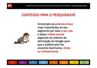 www.bitstrips.com/print_strip.php?comic_id=2886528

                                     CONSTRUINDO UM MUNDO MELHOR POR MEIO DA INTERNET: www.conrado.com.br




                           CONTEÚDO PARA O PESQUISADOR

                                                           Contemple as palavras-chave
                                                           mais importantes do seu
                                                           segmento por todo o seu site
                                                           e pelas mídias sociais
                                                           seguindo os critérios de
                                                           otimização do Google para
                                                           que o público-alvo lhe
                                                           encontre facilmente, direta
                                                           ou indiretamente


      1ºP	
                2ºP	
               3ºP	
             4ºP	
           5ºP	
           6ºP	
              7ºP	
            8ºP	
  
   Pesquisa	
         Planejamento	
        Produção	
       Publicação	
     Promoção	
     Propagação	
     Personalização	
     Precisão	
  
 