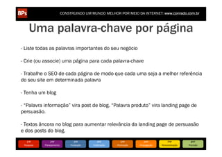 CONSTRUINDO UM MUNDO MELHOR POR MEIO DA INTERNET: www.conrado.com.br



       Uma palavra-chave por página
- Liste todas as palavras importantes do seu negócio

- Crie (ou associe) uma página para cada palavra-chave

- Trabalhe o SEO de cada página de modo que cada uma seja a melhor referência
do seu site em determinada palavra

- Tenha um blog

- “Palavra informação” vira post de blog. “Palavra produto” vira landing page de
persuasão.

- Textos âncora no blog para aumentar relevância da landing page de persuasão
e dos posts do blog.

    1ºP	
            2ºP	
             3ºP	
           4ºP	
           5ºP	
           6ºP	
              7ºP	
            8ºP	
  
 Pesquisa	
     Planejamento	
      Produção	
     Publicação	
     Promoção	
     Propagação	
     Personalização	
     Precisão	
  
 