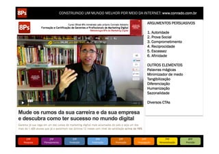 CONSTRUINDO UM MUNDO MELHOR POR MEIO DA INTERNET: www.conrado.com.br

                                                                                                ARGUMENTOS PERSUASIVOS

                                                                                                1. Autoridade
                                                                                                2. Prova Social
                                                                                                3. Comprometimento
                                                                                                4. Reciprocidade
                                                                                                5. Escassez
                                                                                                6. Afinidade

                                                                                                OUTROS ELEMENTOS
                                                                                                Palavras mágicas
                                                                                                Minimizador de medo
                                                                                                Tangibilização
                                                                                                Diferenciação
                                                                                                Humanização
                                                                                                Sazonalidade

                                                                                                Diversos CTAs




   1ºP	
            2ºP	
             3ºP	
           4ºP	
           5ºP	
           6ºP	
                 7ºP	
            8ºP	
  
Pesquisa	
     Planejamento	
      Produção	
     Publicação	
     Promoção	
     Propagação	
        Personalização	
     Precisão	
  
 