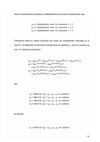 Ahora consideremos que existe un desfasamiento entre todos ios elementos, sea:
0.2 & desfasamiento entre los elementos 1 y 2
as el desfasamiento entre los elementos 1 y 3
a3 el desfasamiento entre los elementos 1 y 4
Calculamos ahora el campo producido por todas las componentes verticales en el
punto P, considerando únicamente la componente de radiación, y solo en módulos ya
que no interesa la orientación:
sea:
en general:
+ Eo ¿Mr-*™^-*}) ¿«i +EO ¿w
Ev =Eo ¿&efWH,) +Eo¿&eJ(#™(W eja,
+ Eo e~J^ eJf3dcos(*~+3) ejaí + Eoejpr ejftícos{*~*4) eja"
ysj — fldcos('$-$¡) + ai,' y¡> ai en radianes
y2 =fideos(</>-</>2)+a2'> y2> &? en radianes
¥3^fidcos(<j)-(/>3)Jra3'1y3, as zn radianes
y4 =fidcos(<j>-<t*4)+ a4'> ^4> CC4 en radianes
n =f3dcos(<j>-<f>n) + an; Vn> ccn en radianes
90
 