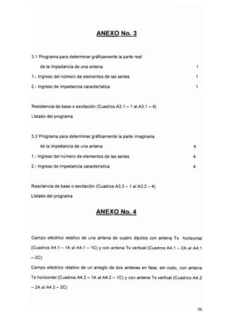ANEXO No. 3
3.1 Programa para determinar gráficamente la parte real
de la ¡mpedancia de una antena 1
1.- Ingreso del número de elementos de las series 1
2.- Ingreso de impedancia característica 1
Resistencia debase o excitación (Cuadros A3.1 - 1alA3.1 - 4)
Listado del programa
3.2 Programa para determinar gráficamente la parte imaginaria
de la impedancia de una antena 4
1,- Ingreso del número de elementos de las series 4
2.- Ingreso de impedancia característica 4
Reactancia de base o excitación (Cuadros A3.2 - 1alA3.2 -4)
Listado del programa
ANEXO No. 4
Campo eléctrico relativo de una antena de cuatro dipolos con antena Tx horizontal
(Cuadros A4.1 - 1Aal A4.1 - 1C)y conantena Tx vertical (Cuadros A4.1 —2A al A4.1
-2C)
Campo eléctrico relativo de un arreglo de dos antenas en fase, sin codo, con antena
Tx horizontal (Cuadros A4.2 - 1A alA4.2 - 1C) y conantena Txvertical (Cuadros A4.2
- 2A al A4.2 -2C)
m
 