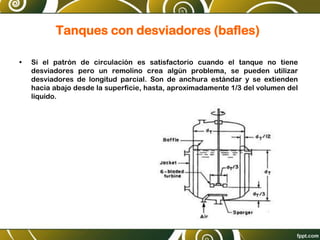 Tanques con desviadores (bafles)
• Si el patrón de circulación es satisfactorio cuando el tanque no tiene
desviadores pero un remolino crea algún problema, se pueden utilizar
desviadores de longitud parcial. Son de anchura estándar y se extienden
hacia abajo desde la superficie, hasta, aproximadamente 1/3 del volumen del
líquido.
 