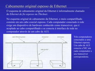 Cabeamento original espesso de EthernetCabeamento original espesso de Ethernet
O esquema de cabeamento original da Ethernet é informalmente chamado
de Ethernet de fio espesso ou Thicknet.
No esquema original de cabeamento da Ethernet, o meio compartilhado
consiste em um cabo coaxial espesso. Cada computador conectado à rede
exige um dispositivo de hardware conhecido como transceiver, que é
acoplado ao cabo compartilhado e se conecta à interface de rede no
computador através de um cabo de AUI.
Três computadores
conectados a uma
Ethernet espessa.
Um cabo de AUI
conecta a NIC em
cada computador a
seu transceiver
correspondente.
 