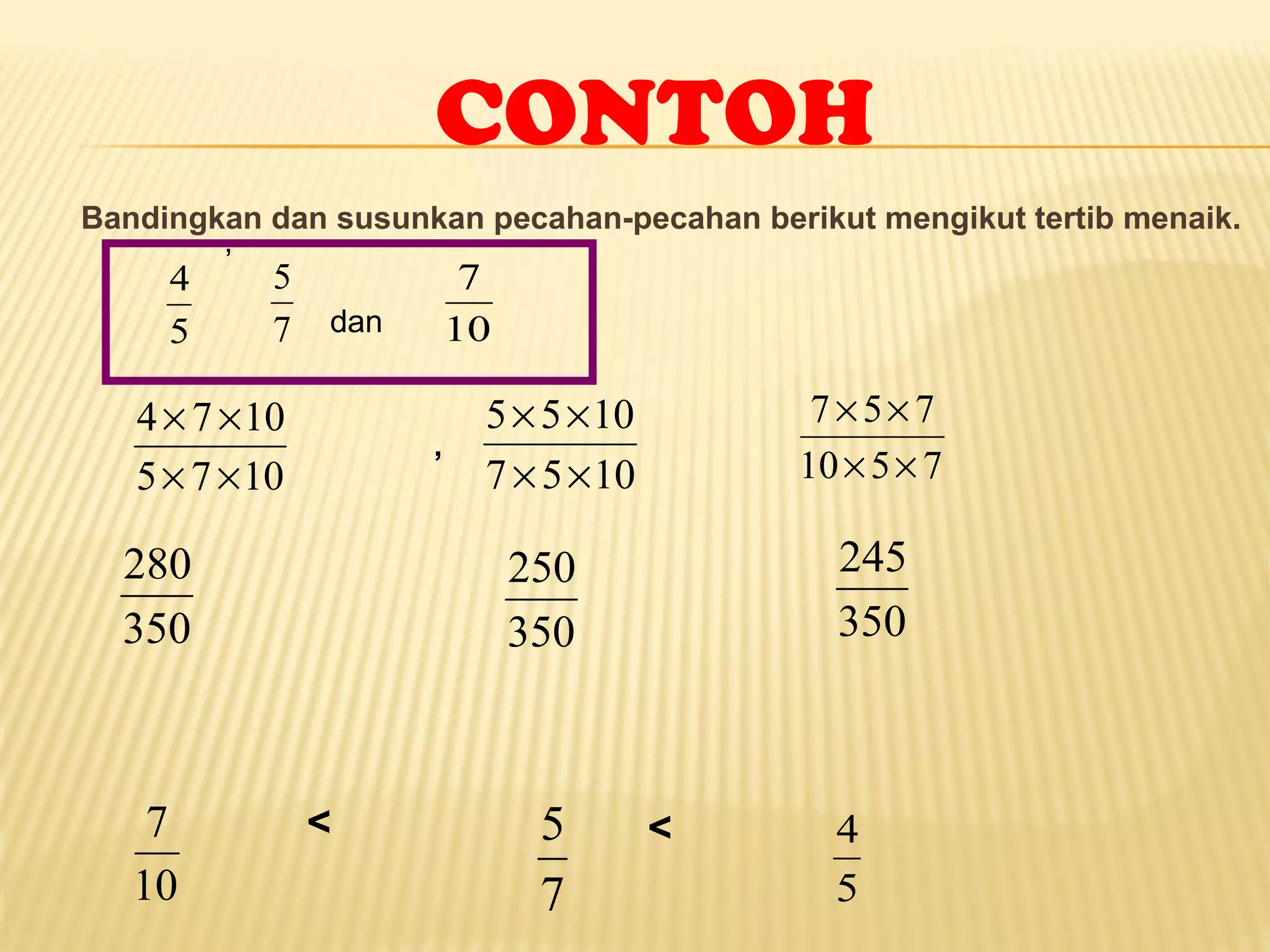 CONTOH 
Bandingkan dan susunkan pecahan-pecahan berikut mengikut tertib menaik. 
4 
5 
5 
7 
7 
10 
, 
dan 
´ ´ 
4 7 10 
´ ´ 
5 7 10 
´ ´ 
5 5 10 
´ ´ 
, 
7 5 10 
´ ´ 
7 5 7 
´ ´ 
10 5 7 
280 
350 
250 
350 
245 
350 
7 
10 
5 
< < 4 
7 
5 
 