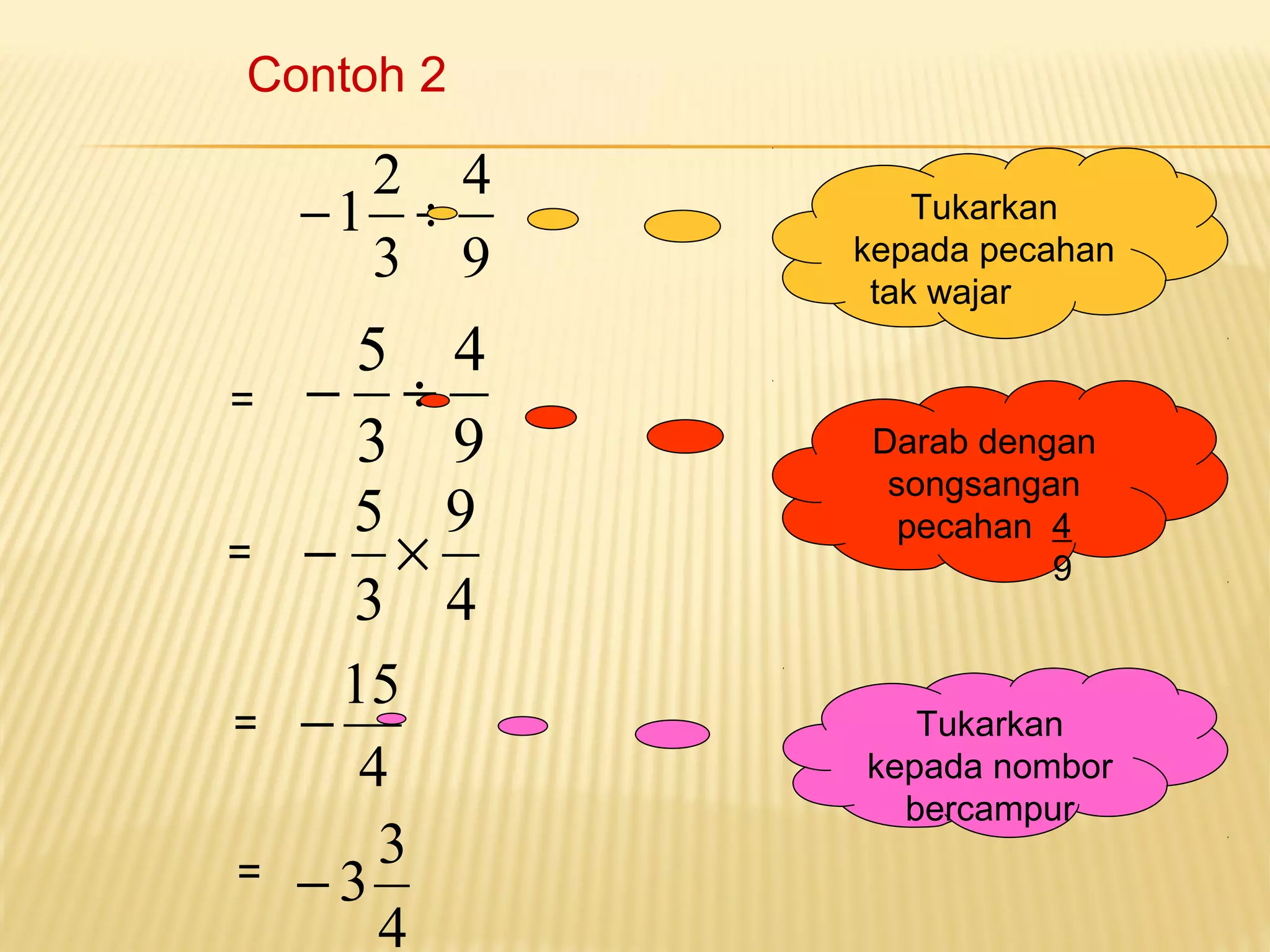 Contoh 2 
4 
9 
-1 2 ¸ 
3 
4 
9 
- 5 ¸ 
3 
9 
4 
- 5 ´ 
3 
-15 
4 
- 3 3 
4 
Tukarkan 
kepada pecahan 
tak wajar 
Darab dengan 
songsangan 
pecahan 4 
9 
Tukarkan 
kepada nombor 
bercampur 
= 
= 
= 
= 
 