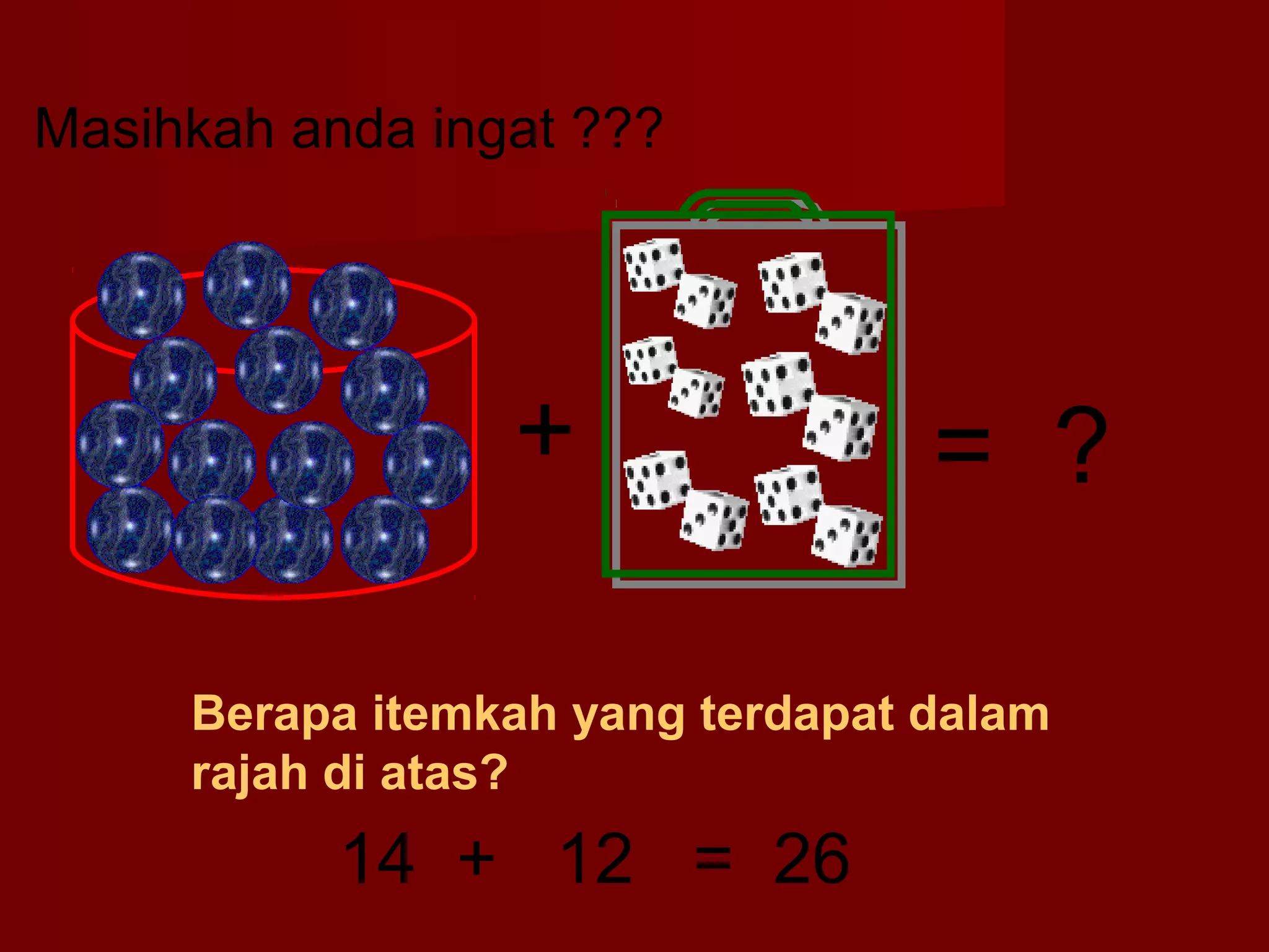 Masihkah anda ingat ??? 
+ 
= ? 
Berapa itemkah yang terdapat dalam 
rajah di atas? 
14 + 12 = 26 
 