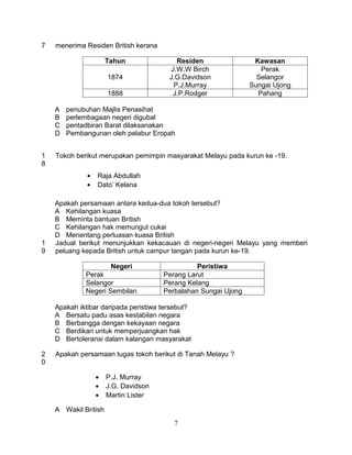7   menerima Residen British kerana

                      Tahun                Residen               Kawasan
                                         J.W.W Birch               Perak
                      1874              J.G.Davidson              Selangor
                                          P.J.Murray            Sungai Ujong
                      1888                J.P.Rodger              Pahang

    A   penubuhan Majlis Penasihat
    B   perlembagaan negeri digubal
    C   pentadbiran Barat dilaksanakan
    D   Pembangunan oleh pelabur Eropah


1   Tokoh berikut merupakan pemimpin masyarakat Melayu pada kurun ke -19.
8
              •   Raja Abdullah
              •   Dato’ Kelana

    Apakah persamaan antara kedua-dua tokoh tersebut?
    A Kehilangan kuasa
    B Meminta bantuan British
    C Kehilangan hak memungut cukai
    D Menentang perluasan kuasa British
1   Jadual berikut menunjukkan kekacauan di negeri-negeri Melayu yang memberi
9   peluang kepada British untuk campur tangan pada kurun ke-19.

                       Negeri                   Peristiwa
             Perak                    Perang Larut
             Selangor                 Perang Kelang
             Negeri Sembilan          Perbalahan Sungai Ujong

    Apakah iktibar daripada peristiwa tersebut?
    A Bersatu padu asas kestabilan negara
    B Berbangga dengan kekayaan negara
    C Berdikari untuk memperjuangkan hak
    D Bertoleransi dalam kalangan masyarakat

2   Apakah persamaan tugas tokoh berikut di Tanah Melayu ?
0

                  •   P.J. Murray
                  •   J.G. Davidson
                  •   Martin Lister

    A Wakil British
                                         7
 