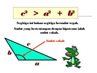 c² a² b²> +
Sudut yang bertentangan dengan hipotenus ialah
sudut cakah.
c
a
b
Sudut cakah
Segitiga ini bukan segitiga bersudut tegak.
 
