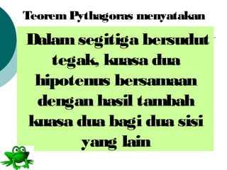 TeoremPythagoras menyatakan
Dalamsegitiga bersudut
tegak, kuasa dua
hipotenus bersamaan
dengan hasil tambah
kuasa dua bagi dua sisi
yang lain
 