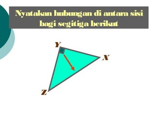Nyatakan hubungan di antara sisi
bagi segitiga berikut
Z
Y
X
XZ? =XY2
+ YZ2
 
