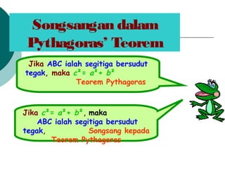 Songsangan dalam
Pythagoras Teorem
Jika ABC ialah segitiga bersudut
tegak, maka c?= a?+ b?
Teorem Pythagoras
Jika c?= a?+ b?, maka
ABC ialah segitiga bersudut
tegak, Songsang kepada
Teorem Pythagoras
 