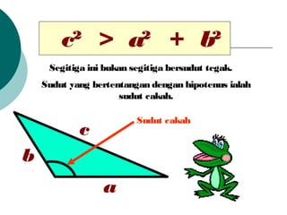 c? a? b?> +
Sudut yang bertentangan dengan hipotenus ialah
sudut cakah.
c
a
b
Sudut cakah
Segitiga ini bukan segitiga bersudut tegak.
 