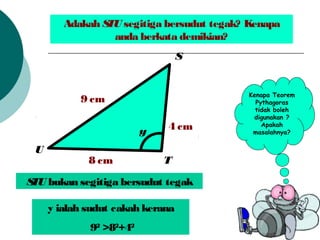 Adakah STU segitiga bersudut tegak? Kenapa
anda berkata demikian?
y
9 cm
4 cm
8 cm
S
T
U
Kenapa Teorem
Pythagoras
tidak boleh
digunakan ?
Apakah
masalahnya?
STU bukan segitiga bersudut tegak
y ialah sudut cakah kerana
92
>82
+42
 