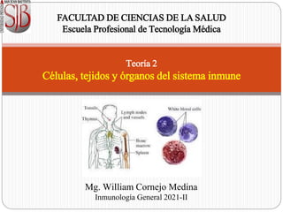 Teoría 2
Células, tejidos y órganos del sistema inmune
FACULTAD DE CIENCIAS DE LA SALUD
Escuela Profesional de Tecnología Médica
Mg. William Cornejo Medina
Inmunología General 2021-II
 