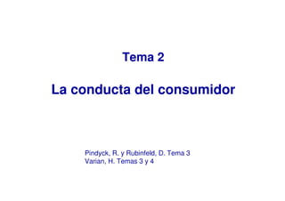 La conducta del consumidor
Tema 2
Pindyck, R. y Rubinfeld, D. Tema 3
Varian, H. Temas 3 y 4
 