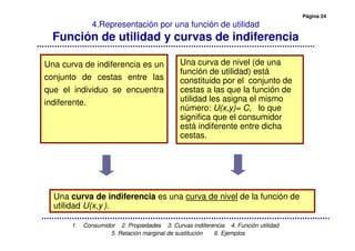 Página 24
1. Consumidor 2. Propiedades 3. Curvas indiferencia 4. Función utilidad
5. Relación marginal de sustitución 6. Ejemplos
4.Representación por una función de utilidad
Función de utilidad y curvas de indiferencia
Una curva de indiferencia es una curva de nivel de la función de
utilidad U(x,y ).
Una curva de indiferencia es un
conjunto de cestas entre las
que el individuo se encuentra
indiferente.
Una curva de nivel (de una
función de utilidad) está
constituido por el conjunto de
cestas a las que la función de
utilidad les asigna el mismo
número: U(x,y)= C, lo que
significa que el consumidor
está indiferente entre dicha
cestas.
 