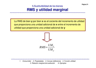 Página 31
1. Consumidor 2. Propiedades 3. Curvas indiferencia 4. Función utilidad
5. Relación marginal de sustitución 6. Ejemplos
5.Sustitutibilidad de los bienes
RMS y utilidad marginal
La RMS de bien y por bien x es el cociente del incremento de utilidad
que proporciona una unidad adicional de x entre el incremento de
utilidad que proporciona una unidad adicional de y
=
 