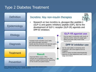 Type 2 Diabetes Treatment
Definition
Epidemiology
Etiology
Diagnosis
Treatment
Prevention
• Research on two incretins ie, glucagon-like peptide-1
(GLP-1) and gastric inhibitory peptide (GIP), led to the
development of GLP-1 receptor (GLP-1R) agonists and
DPP-IV inhibitors
Incretins: Key non-insulin therapies
Smoking
cessation
Blood
pressure
control
Statin use
Aspirin use
for patients
with known
coronary
heart disease
ACE inhibitors
for patients
with chronic
kidney
disease/protei
nuria
Metformin
Dual-drug
combinations Self-
management
program
Nutrition
education
DPP IV, Dipeptidyl Peptidase IV; GLP-1,R Glucagon-like peptide- receptors; MOA, mechanism of action;
Chatterjee S, Davies MJ. Postgrad Med J. 2015;91(1081):612-21.
Can be used in conjunction with insulin to
optimize control, reduce its weight gain
effects and lower daily insulin dose
requirements
GLP-1R agonist use
Improved HbA1c (up to 1.6%);
minimal risk of hypoglycemia and often
significant weight loss/neutrality depending
on the incretin and patient factors
Result
Can be used safely in worsening renal
impairment, with some agents such as
linagliptin,
which is mainly excreted enterohepatically
requiring no dose adjustment even in end-
stage renal failure
DPP IV inhibitor use
MOA
Increase insulin secretion (via β cells)
and reduce glucagon secretion,
hepatic glucose production and glucose uptake
from the stomach and promote satiety
 
