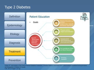 Type 2 Diabetes
Definition
Epidemiology
Etiology
Diagnosis
Treatment
Prevention
• Goals
Patient Education
Cheng AY. and members of the Clinical Practice Guideline Committees. Canadian Diabetes Association 2013 clinical practice guidelines for the prevention
and management of diabetes in Canada.
CJD. 2013;37 Suppl 1:227 pp.
Smoking
cessation
S
M
A
R
T
Specific,
Measurable,
Attainable,
Relevant,
Time-bound
Diabetes Education and
Nutrition
Enable timely, culturally
and literacy appropriate diabetes education and resources
Physical activity/
weight loss/medication
Hypoglycemia/
Self-monitoring of
blood glucose (SMBG)
Foot care/Mental Health
and Mood Disorders
 