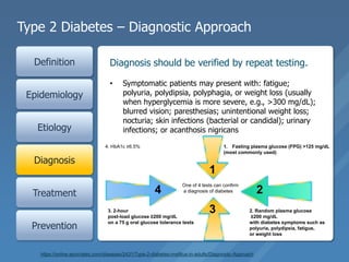Type 2 Diabetes – Diagnostic Approach
Definition
Epidemiology
Etiology
Diagnosis
Treatment
Prevention
• Symptomatic patients may present with: fatigue;
polyuria, polydipsia, polyphagia, or weight loss (usually
when hyperglycemia is more severe, e.g., >300 mg/dL);
blurred vision; paresthesias; unintentional weight loss;
nocturia; skin infections (bacterial or candidal); urinary
infections; or acanthosis nigricans
Diagnosis should be verified by repeat testing.
1
3
24
One of 4 tests can confirm
a diagnosis of diabetes
1. Fasting plasma glucose (FPG) >125 mg/dL
(most commonly used)
2. Random plasma glucose
≥200 mg/dL
with diabetes symptoms such as
polyuria, polydipsia, fatigue,
or weight loss
3. 2-hour
post-load glucose ≥200 mg/dL
on a 75 g oral glucose tolerance tests
4. HbA1c ≥6.5%
https://online.epocrates.com/diseases/2431/Type-2-diabetes-mellitus-in-adults/Diagnostic-Approach
 