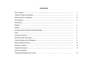 KSSM REKA BENTUK DAN TEKNOLOGI TINGKATAN 2
v
Rukun Negara................................................................................................................................................... v
Falsafah Pendidikan Kebangsaan..................................................................................................................... vi
Definisi Kurikulum Kebangsaan ....................................................................................................................... vii
Kata Pengantar ................................................................................................................................................ ix
Pendahuluan...................................................................................................................................................... 1
Matlamat ........................................................................................................................................................... 2
Objektif .............................................................................................................................................................. 2
Kerangka Kurikulum Standard Sekolah Menengah........................................................................................... 3
Fokus ................................................................................................................................................................ 4
Kemahiran Abad Ke-21 ..................................................................................................................................... 6
Kemahiran Berfikir Aras Tinggi.......................................................................................................................... 8
Strategi Pengajaran dan Pembelajaran ............................................................................................................ 9
Elemen Merentas Kurikulum ............................................................................................................................. 13
Pentaksiran Sekolah ........................................................................................................................................ 16
Organisasi Kandungan ...................................................................................................................................... 18
Perincian Kandungan:
Penyelesaian Masalah Secara Inventif …………………………..……..…………………..…………………..….. 19
KANDUNGAN
 