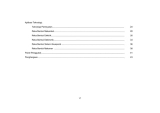 KSSM REKA BENTUK DAN TEKNOLOGI TINGKATAN 2
vi
Aplikasi Teknologi:
Teknologi Pembuatan............................................................................................................................ 24
Reka Bentuk Mekanikal.......................................................................................................................... 28
Reka Bentuk Elektrik.............................................................................................................................. 30
Reka Bentuk Elektronik.......................................................................................................................... 33
Reka Bentuk Sistem Akuaponik ............................................................................................................ 36
Reka Bentuk Makanan ......................................................................................................................... 38
Panel Penggubal................................................................................................................................................ 41
Penghargaan...................................................................................................................................................... 43
 