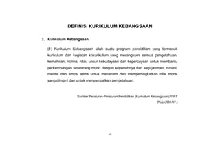 KSSM REKA BENTUK DAN TEKNOLOGI TINGKATAN 2
vii
DEFINISI KURIKULUM KEBANGSAAN
(1) Kurikulum Kebangsaan ialah suatu program pendidikan yang termasuk
kurikulum dan kegiatan kokurikulum yang merangkumi semua pengetahuan,
kemahiran, norma, nilai, unsur kebudayaan dan kepercayaan untuk membantu
perkembangan seseorang murid dengan sepenuhnya dari segi jasmani, rohani,
mental dan emosi serta untuk menanam dan mempertingkatkan nilai moral
yang diingini dan untuk menyampaikan pengetahuan.
Sumber:Peraturan-Peraturan Pendidikan (Kurikulum Kebangsaan) 1997
[PU(A)531/97.]
3. Kurikulum Kebangsaan
 