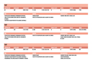 tiff
COMPRESSIÓ RESOLUCIÓ DIMENSIONS PES MIDA CANALS ALFA CAPES COLOR MODE
NO 300 2680 x 3544 80,4 MB 22,69 X 30,01 CM si SI 16 bits/canal RGB
PRO CONTRA ESPECIFICITATS
-NO NECESSITA PROGRAMES D’ORDINADOR ESPECÍFICS
-Sistema de color preferit per algunes editorials
-RECOMENABLE PER CÒPIES MASTER I ENVIAMENT A PREMSA
-Archiu pesant
-No apte per dispositius web i adjunts de correu
-Guardat en blanc i negre com a capa
-Color recuperable
-Canals alfa utilitzats
tiff
COMPRESSIÓ RESOLUCIÓ DIMENSIONS PES MIDA CANALS ALFA CAPES COLOR MODE
NO 300 2680 x 3544 73,1 MB 22,69 X 30,01 CM si SI 16 bits/canal cymk
PRO CONTRA ESPECIFICITATS
-No necessita programes d’ordinador específics
-Ideal per posteriors còpies màster i enviaments
a premsa
-Sistema de color preferit per algunes editorials
-Archiu pesant
-No apte per dispositius web i adjunts de correu
-Guardat amb capes i canals alfa
tiff
COMPRESSIÓ RESOLUCIÓ DIMENSIONS PES MIDA CANALS ALFA CAPES COLOR MODE
NO 240 2144 x 2836 5,8 MB 22,69 X 30,01 CM si si 16 bits/canal escala de grisos
PRO CONTRA ESPECIFICITATS
-No necessita programes d’ordinador específics
-Ideal per posteriors còpies màster i enviaments
a premsa
-No apte per dispositius web i adjunts de correu -Guardat amb capes i canals alfa
-Blanc i negre no guardat com a capa. Pèrdua
de color
 