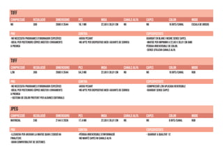 tiff
COMPRESSIÓ RESOLUCIÓ DIMENSIONS PES MIDA CANALS ALFA CAPES COLOR MODE
NO 300 2680 x 3544 18,1 MB 22,69 X 30,01 CM NO NO 16 bits/canal escala de grisos
PRO CONTRA ESPECIFICITATS
-No necessita programes d’ordinador específics
-Ideal per posteriors còpies màster i enviaments
a premsa
-arxiu pesant
-No apte per dispositius web i adjunts de correu
Guardat en blanc i negre sense capes.
-Imatge per imprimir a 22,69 X 30,01 cm amb
pèrdua irreversible de color.
-Sense utilizar canals alfa
JPEG
COMPRESSIÓ RESOLUCIÓ DIMENSIONS PES MIDA CANALS ALFA CAPES COLOR MODE
MATRICIAL 240 2144 x 2836 17,4 MB 22,69 X 30,01 CM NO NO 8 bits/canal RGB
PRO CONTRA ESPECIFICITATS
-Lleugera per arxivar la imatge quan l’edició ha
finalitzat.
-Gran compatibilitat de sistemes
-Pèrdua irreversible d’informació
-No manté capes ni canals alfa
- Guardat a qualitat 12
tiff
COMPRESSIÓ RESOLUCIÓ DIMENSIONS PES MIDA CANALS ALFA CAPES COLOR MODE
LZW 300 2680 x 3544 54,3 MB 22,69 X 30,01 CM NO NO 16 bits/canal RGB
PRO CONTRA ESPECIFICITATS
-No necessita programes d’ordinador específics
-Ideal per posteriors còpies màster i enviaments
a premsa
--Sistema de color preferit per algunes editorials
-arxiu pesant
-No apte per dispositius web i adjunts de correu
-Compressió LZW aplicada reversiblE
-Guardat sense capes
 
