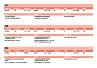 JPEG
COMPRESSIÓ RESOLUCIÓ DIMENSIONS PES MIDA CANALS ALFA CAPES COLOR MODE
MATRICIAL 240 1039 x 1375 4,09 MB 11 X 14,55 CM NO NO 8 bits/canal RGB
PRO CONTRA ESPECIFICITATS
-Lleugera per arxivar
-Gran compatibilitat de sistemes
-Pèrdua irreversible d’informació
-No manté capes ni canals alfa
- JPEG AMB MIDA REDUÏDA
JPEG
COMPRESSIÓ RESOLUCIÓ DIMENSIONS PES MIDA CANALS ALFA CAPES COLOR MODE
MATRICIAL 240 1039 x 1375 284 kb 11 X 14,55 CM NO NO 8 bits/canal RGB
PRO CONTRA ESPECIFICITATS
-recomanable per adjuntar a correu
-Lleugera per arxivar
-Gran compatibilitat de sistemes
-Pèrdua irreversible d’informació
-No manté capes ni canals alfa
-Baixa qualitat d’imatge respecte l’anterior
-Molt poc recomanable per imprimir
- JPEG guardat amb qualitat 6
JPEG
COMPRESSIÓ RESOLUCIÓ DIMENSIONS PES MIDA CANALS ALFA CAPES COLOR MODE
MATRICIAL 72 643 x 851 590 kb 22,68 X 30,02 CM NO NO 8 bits/canal RGB
PRO CONTRA ESPECIFICITATS
-Apte com a adjunt en correu amb qualitat
relativa
-Resolució indicada per visualitzar per pantalla
-Pèrdua irreversible d’informació
-No manté capes ni canals alfa
-poc recomanable per impressions
- JPEG guardat amb qualitat 12
 