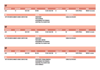 gif
COMPRESSIÓ RESOLUCIÓ DIMENSIONS PES MIDA CANALS ALFA CAPES COLOR MODE
lzw 72 643 x 851 493 MB 22,68 X 30,02 CM si NO 8 bits/pixels indexat (256 colors)
PRO CONTRA ESPECIFICITATS
-Apte per gràfics animats i icones i context web -Arxiu reduït
-Paleta limitada
-No recomanat per fotografia
-Acceptable pels colors plans
-Canals alfa aplicats
gif
COMPRESSIÓ RESOLUCIÓ DIMENSIONS PES MIDA CANALS ALFA CAPES COLOR MODE
lzw 72 643 x 851 245 kb 22,68 X 30,02 CM si NO 8 bits/pixels indexat (32 colors)
PRO CONTRA ESPECIFICITATS
-Apte per gràfics animats i icones i context web -Arxiu reduït
-Paleta molt limitada
-No recomanat per fotografia
-Acceptable pels colors plans
-Canals alfa aplicats
gif
COMPRESSIÓ RESOLUCIÓ DIMENSIONS PES MIDA CANALS ALFA CAPES COLOR MODE
lzw 72 643 x 851 86,3 kb 22,68 X 30,02 CM si NO 8 bits/pixels indexat (4 colors)
PRO CONTRA ESPECIFICITATS
-Apte per gràfics animats i icones i context web -Arxiu reduït i pèrdua cromàtica
-No recomanat per fotografia
-Acceptable pels colors plans
-Efecte granulat
-Canals alfa aplicats
 