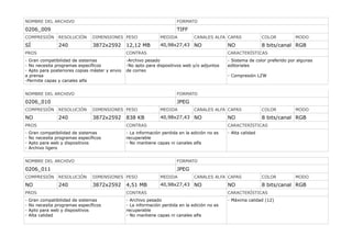 NOMBRE DEL ARCHIVO FORMATO
0206_009 TIFF
COMPRESIÓN RESOLUCIÓN DIMENSIONES PESO MEDIDA CANALES ALFA CAPAS COLOR MODO
SÍ 240 3872x2592 12,12 MB 40,98x27,43 NO NO 8 bits/canal RGB
PROS CONTRAS CARACTERÍSTICAS
- Gran compatibilidad de sistemas
- No necesita programas específicos
- Apto para posteriores copias máster y envio
a prensa
-Permite capas y canales alfa
-Archivo pesado
-No apto para dispositivos web y/o adjuntos
de correo
- Sistema de color preferido por algunas
editoriales
- Compresión LZW
NOMBRE DEL ARCHIVO FORMATO
0206_010 JPEG
COMPRESIÓN RESOLUCIÓN DIMENSIONES PESO MEDIDA CANALES ALFA CAPAS COLOR MODO
NO 240 3872x2592 838 KB 40,98x27,43 NO NO 8 bits/canal RGB
PROS CONTRAS CARACTERÍSTICAS
- Gran compatibilidad de sistemas
- No necesita programas específicos
- Apto para web y dispositivos
- Archivo ligero
- La información perdida en la edición no es
recuperable
- No mantiene capas ni canales alfa
- Alta calidad
NOMBRE DEL ARCHIVO FORMATO
0206_011 JPEG
COMPRESIÓN RESOLUCIÓN DIMENSIONES PESO MEDIDA CANALES ALFA CAPAS COLOR MODO
NO 240 3872x2592 4,51 MB 40,98x27,43 NO NO 8 bits/canal RGB
PROS CONTRAS CARACTERÍSTICAS
- Gran compatibilidad de sistemas
- No necesita programas específicos
- Apto para web y dispositivos
- Alta calidad
- Archivo pesado
- La información perdida en la edición no es
recuperable
- No mantiene capas ni canales alfa
- Máxima calidad (12)
 