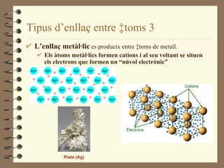 Tipus d’enllaç entre àtoms  3 Plata (Ag) L’enllaç metàl·lic  es produeix entre  àtoms de  metall.  Els àtoms  metàl·lics formen cations i al seu voltant se situen  els electrons  que formen un “núvol electrònic” 